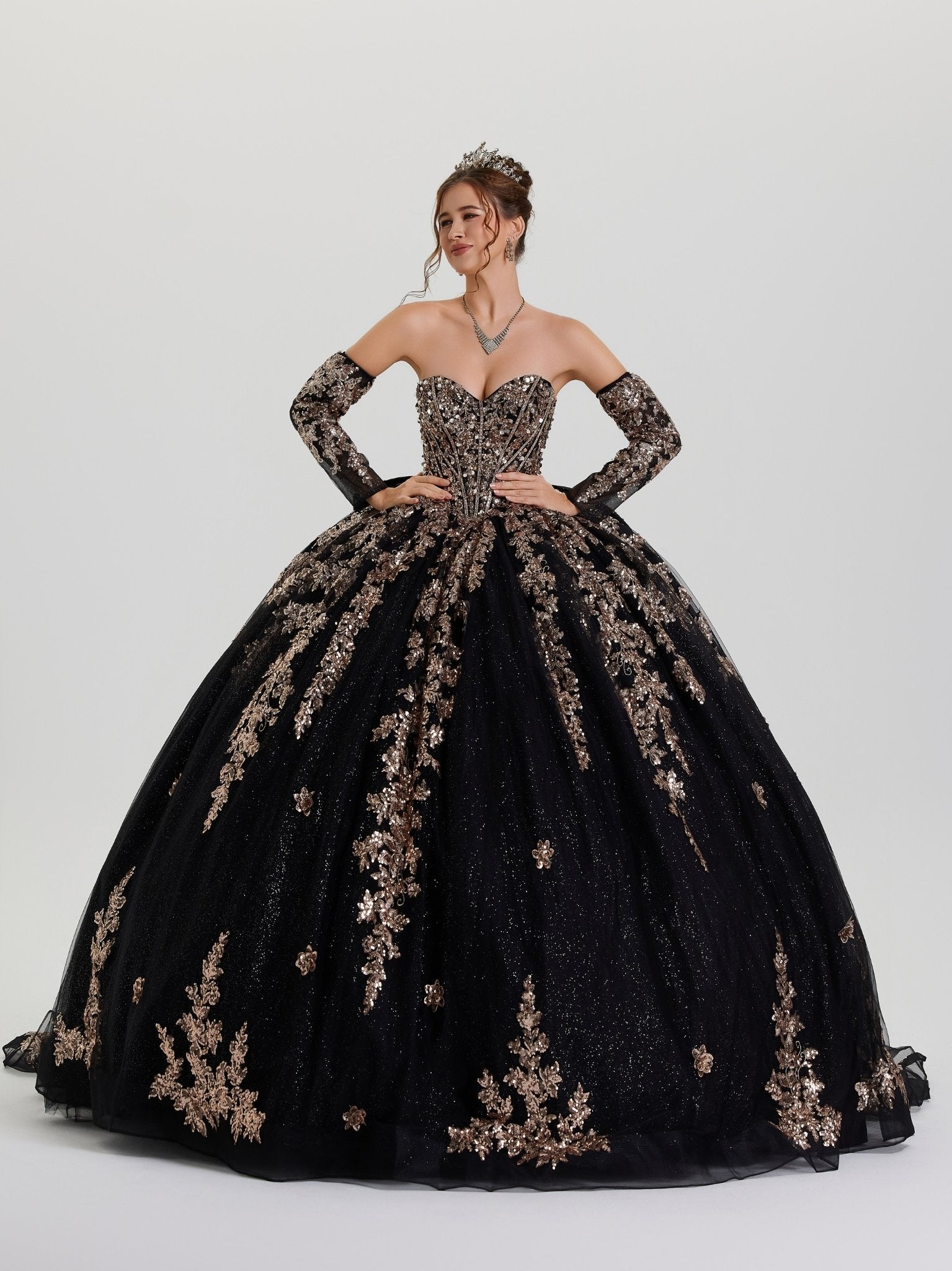 Black Strapless Floor-Length Glitter Mesh Ball Gown with Embroidered Lace Stella Couture 26402