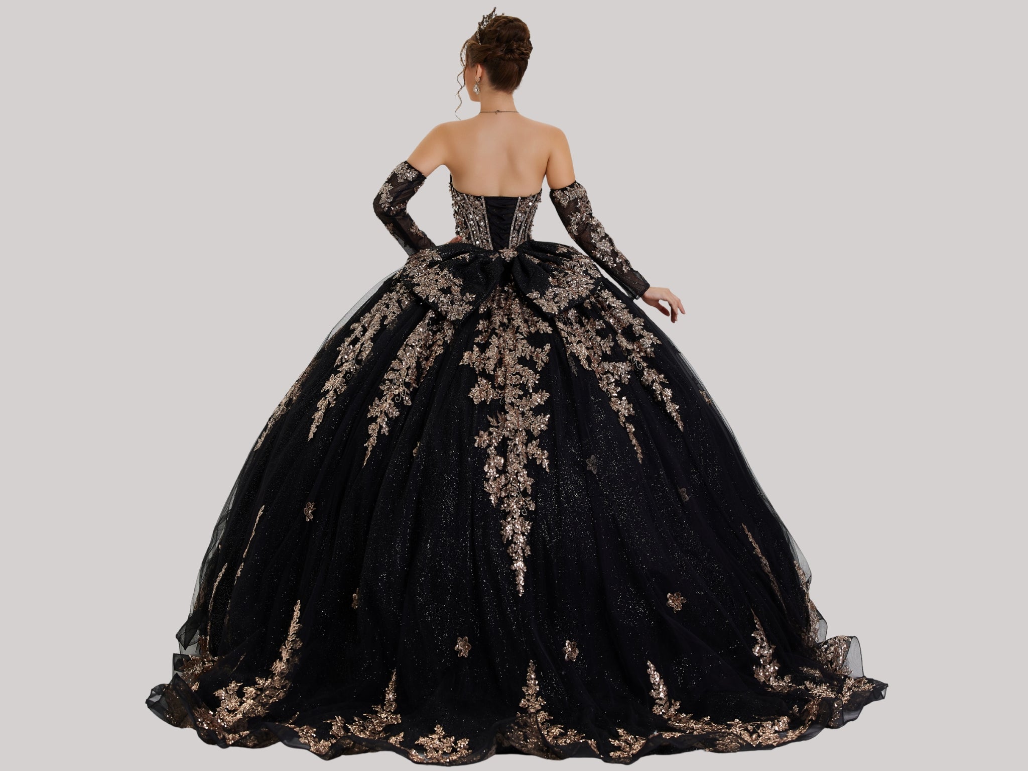 Black Strapless Floor-Length Glitter Mesh Ball Gown with Embroidered Lace Stella Couture 26402