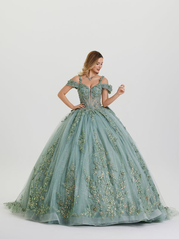 Off-the-Shoulder Floor-Length Glitter Mesh Ball Gown with 3D Floral Appliques Stella Couture 26403
