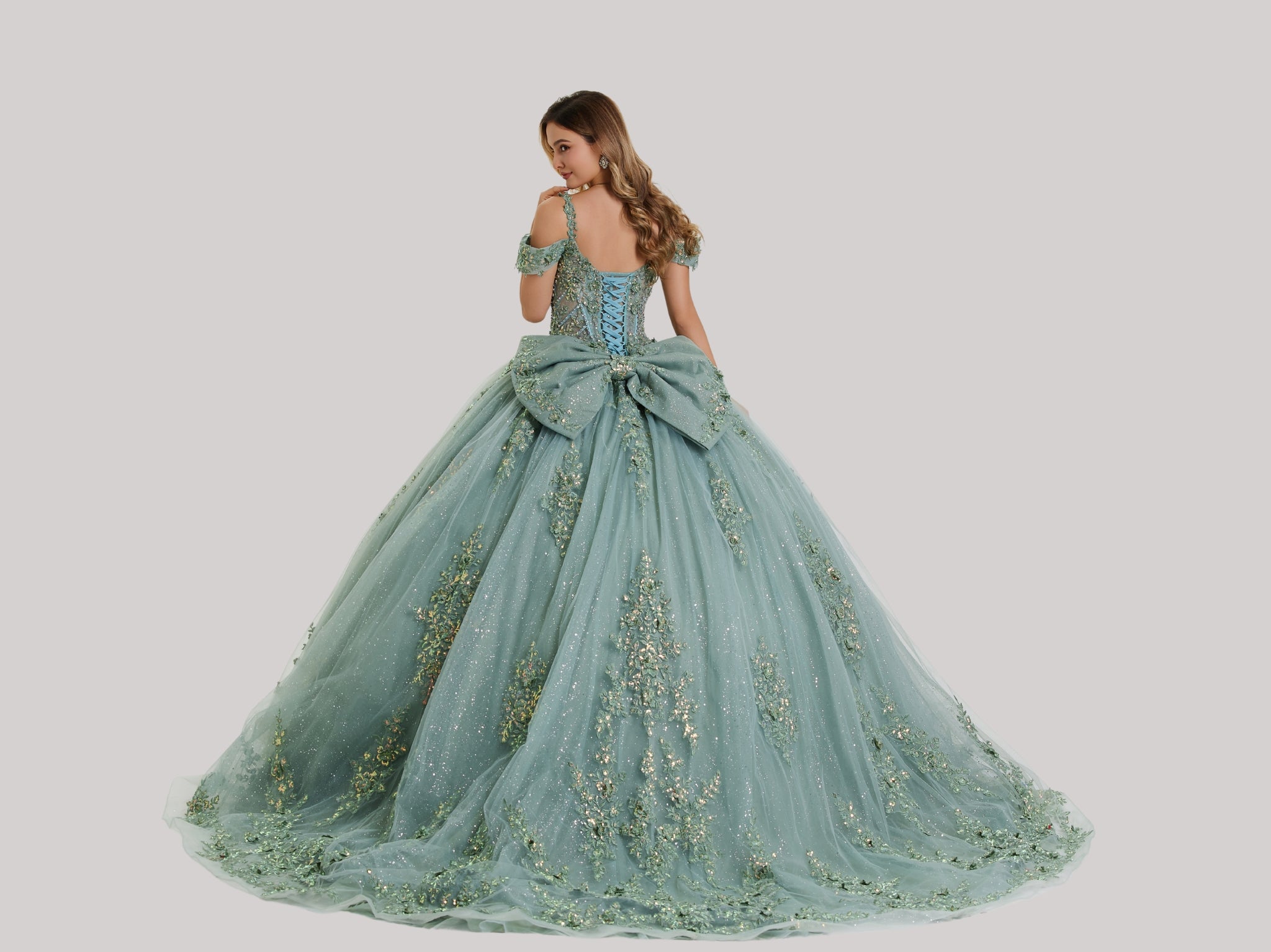 Sage Off-the-Shoulder Floor-Length Glitter Mesh Ball Gown with 3D Floral Appliques Stella Couture 26403