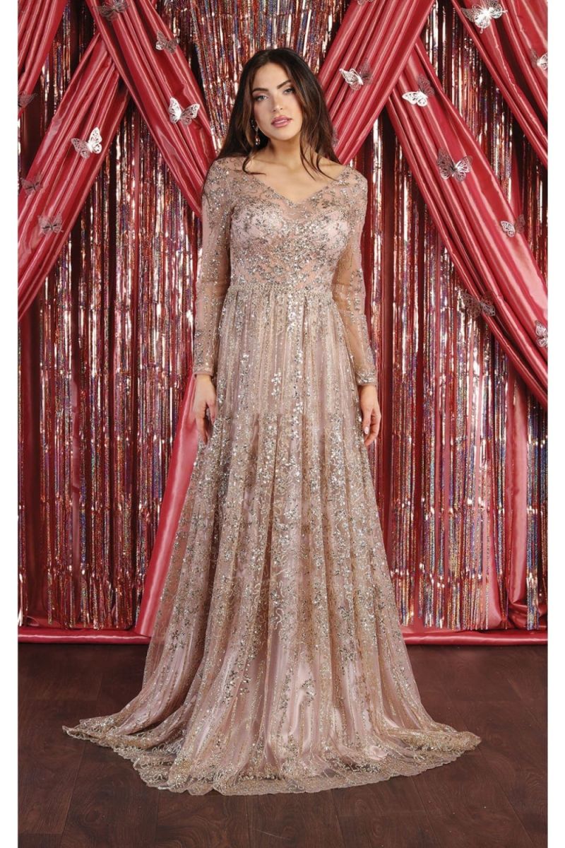 V-Neck Floor-Length Lace Evening Gown A-Line May Queen RQ7920