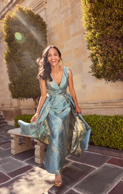 Teal Gold V-Neck Floor-Length Jacquard Gown with Ballgown Flyaway Panel Skirt Formal Dress Alex Evenings 8281257