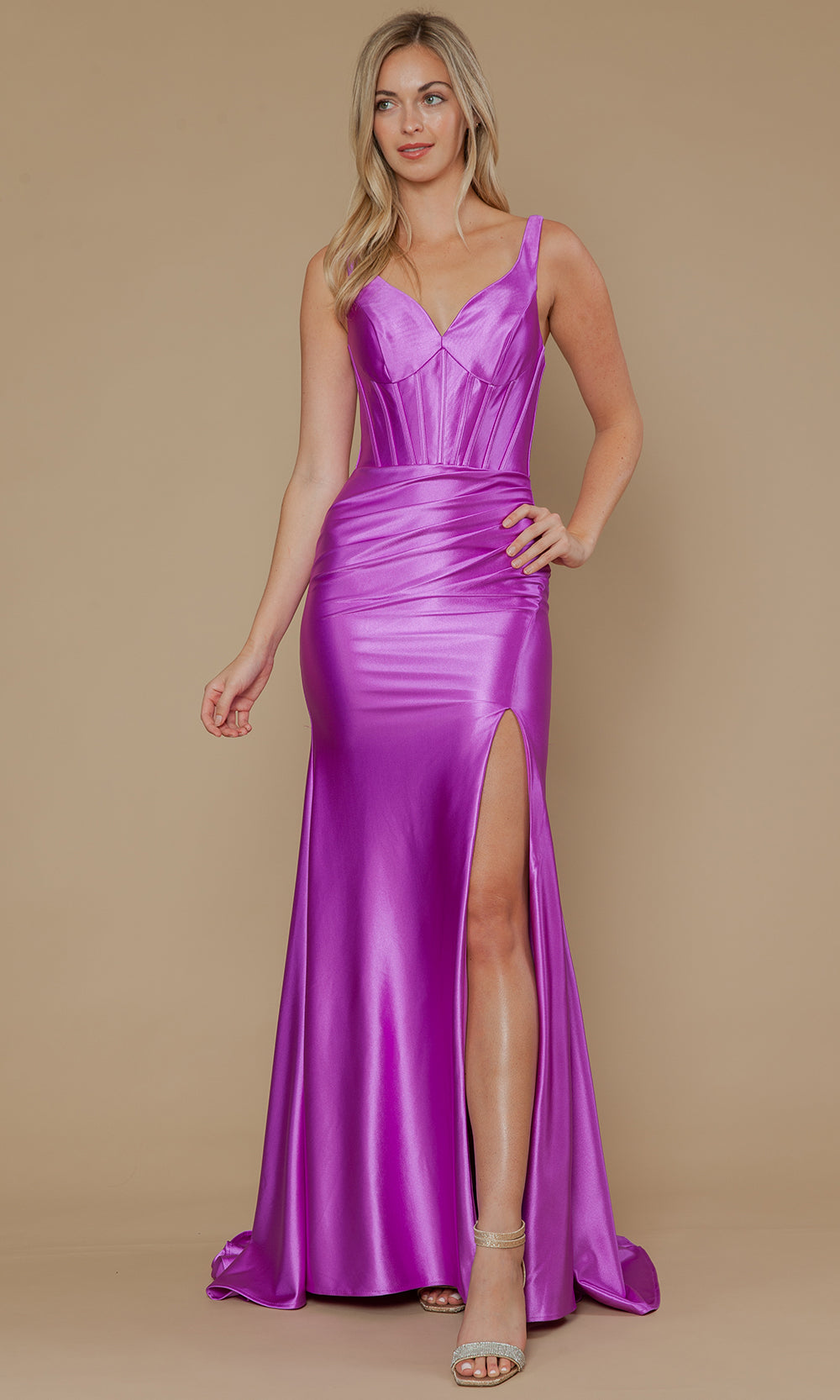 Violet Sweetheart Floor-Length Poly Span Satin Prom Gown with Corset Seams and High Slit Poly USA 25006