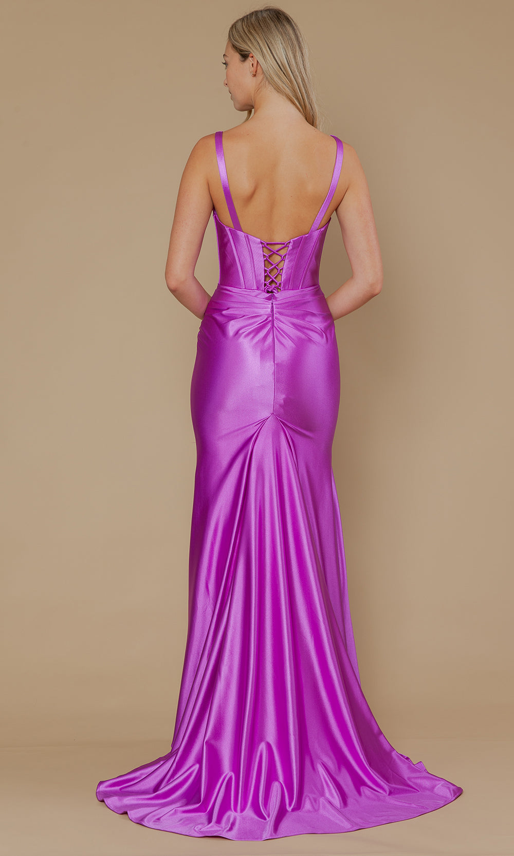 Violet Sweetheart Floor-Length Poly Span Satin Prom Gown with Corset Seams and High Slit Poly USA 25006