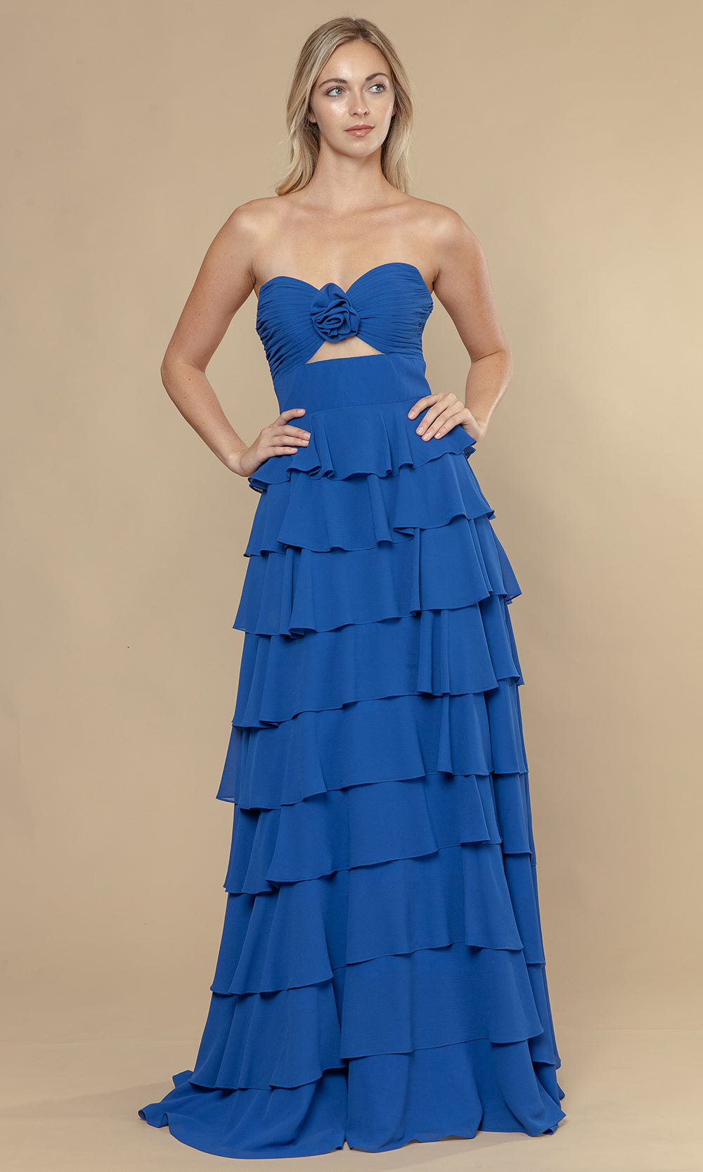 Royal Sweetheart Floor-Length Chiffon Prom Dress with Tiered Ruffles and Rosette Poly USA 25012