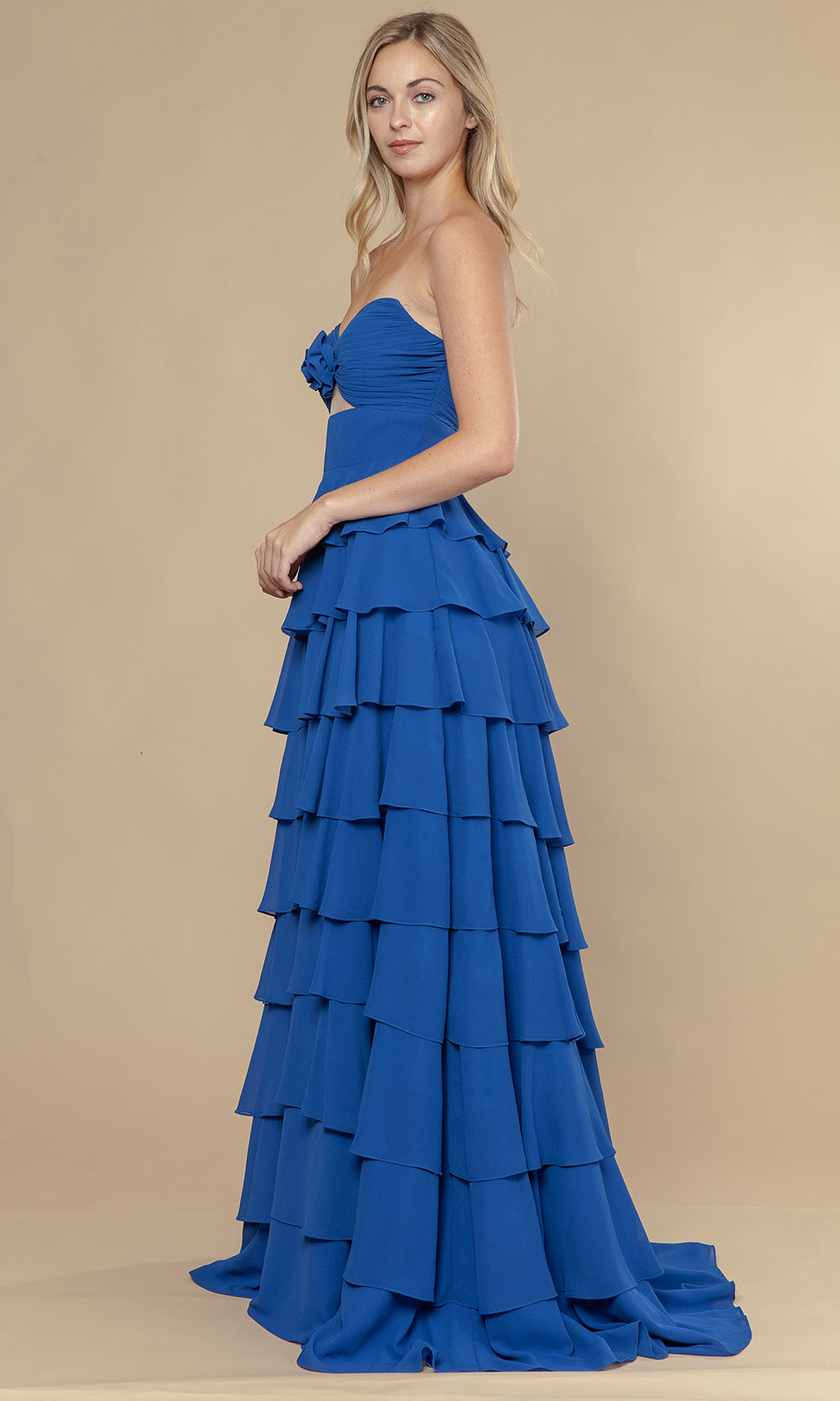 Royal Sweetheart Floor-Length Chiffon Prom Dress with Tiered Ruffles and Rosette Poly USA 25012
