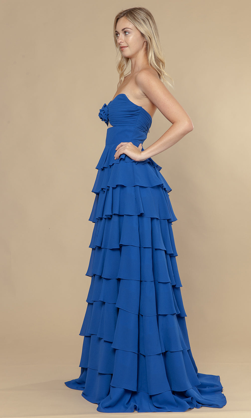Royal Sweetheart Floor-Length Chiffon Prom Dress with Tiered Ruffles and Rosette Poly USA 25012
