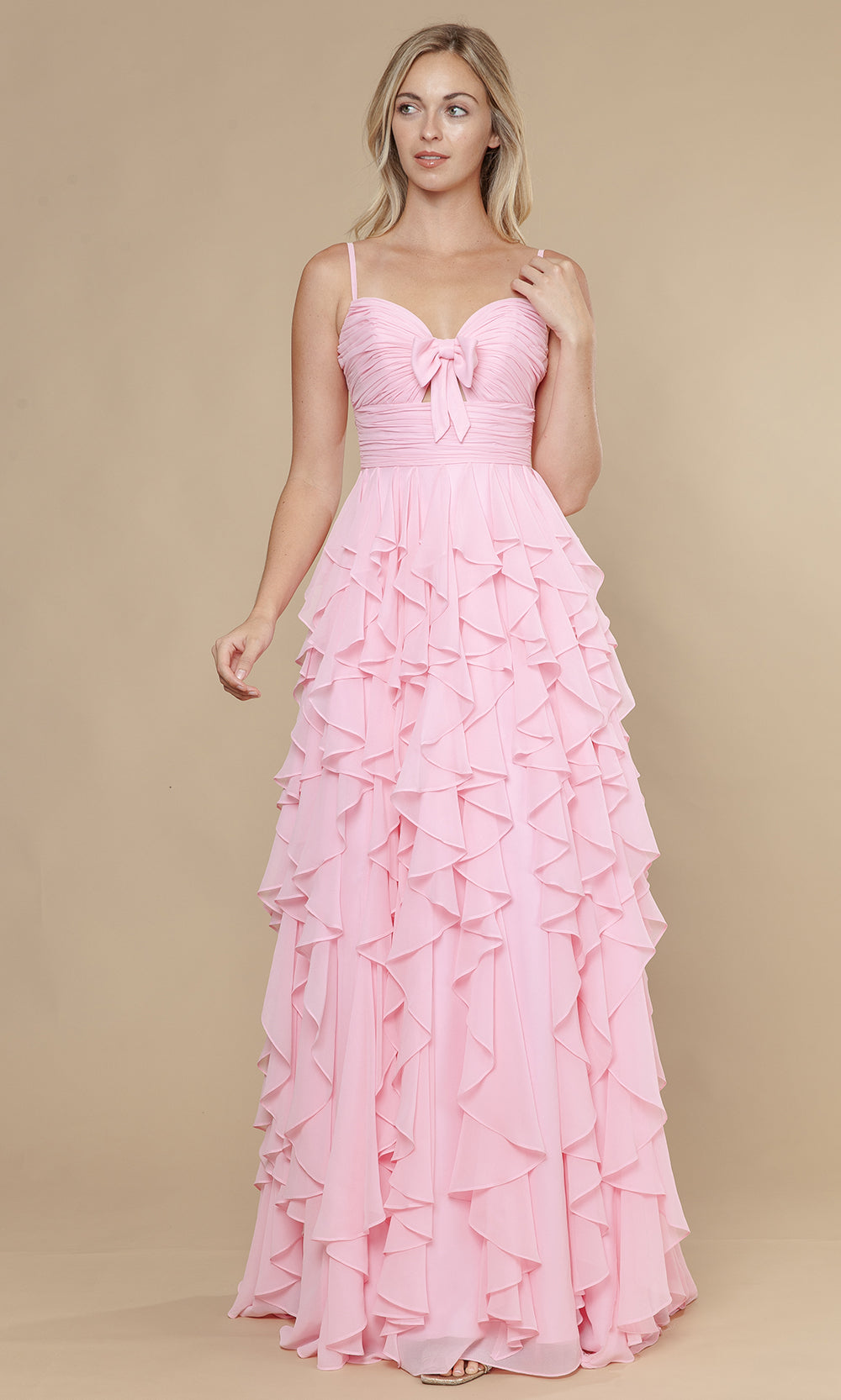 Pink Sweetheart Floor-Length Chiffon Prom Gown with Bow Accent and Layered Ruffle Skirt Poly USA 25024
