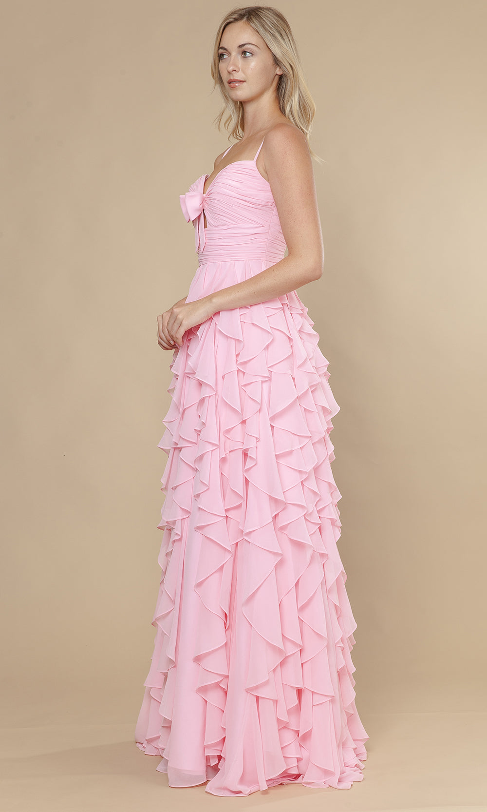 Pink Sweetheart Floor-Length Chiffon Prom Gown with Bow Accent and Layered Ruffle Skirt Poly USA 25024