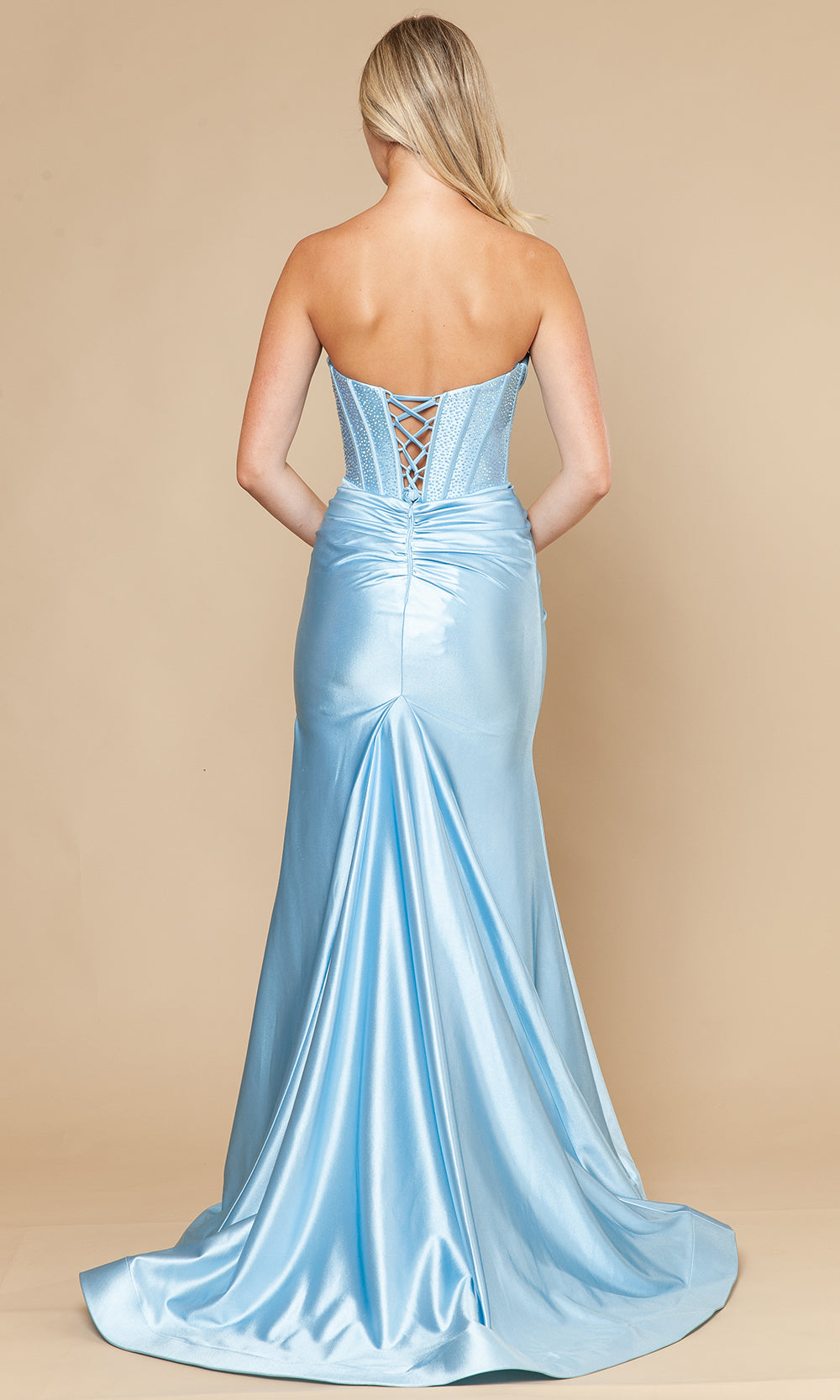Blue Sweetheart Floor-Length Span Satin Prom Dress with Beaded Corset Bodice and Side Slit Poly USA 25034