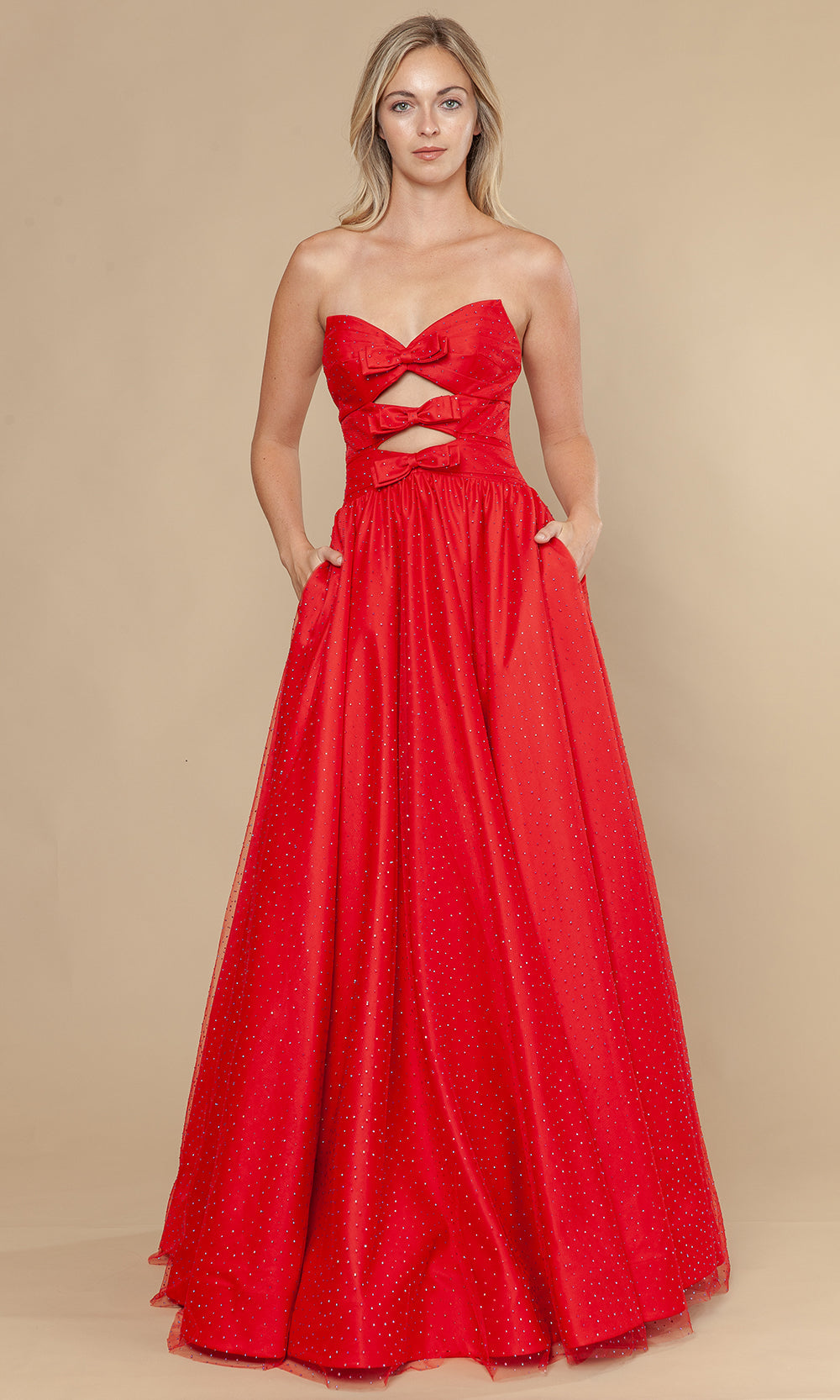 Red Sweetheart Floor-Length Mesh Prom Gown with Triple Bow Accents and Cutouts Poly USA 25036