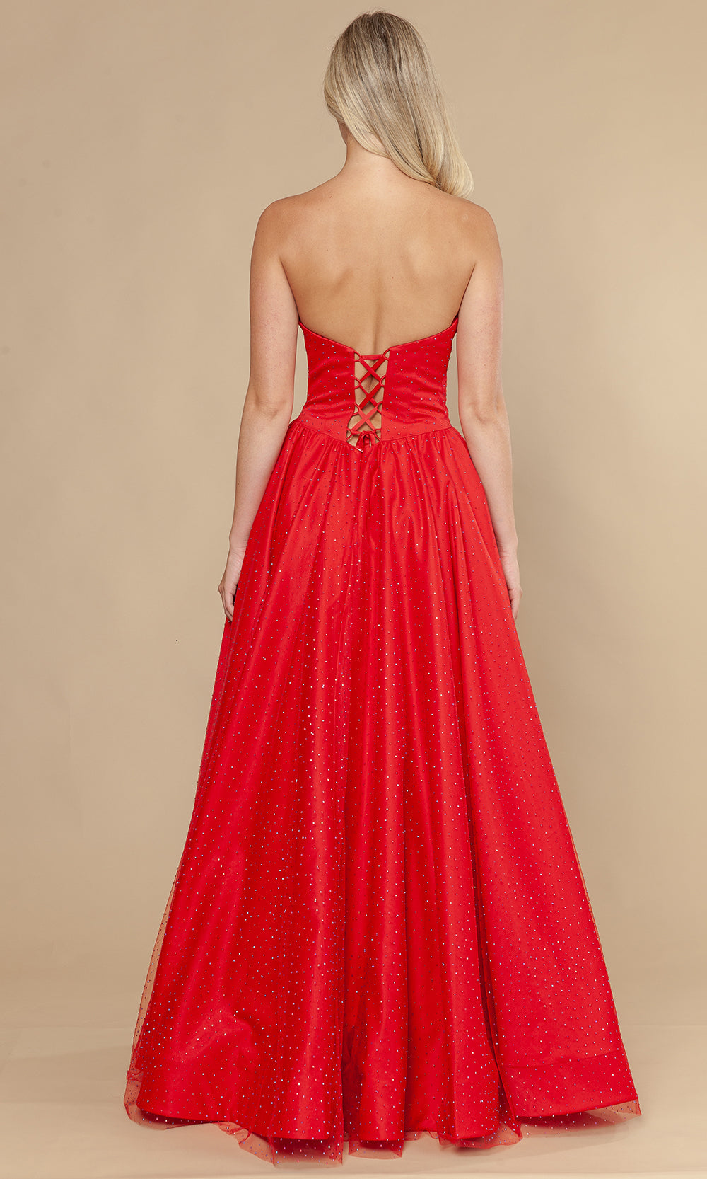 Red Sweetheart Floor-Length Mesh Prom Gown with Triple Bow Accents and Cutouts Poly USA 25036