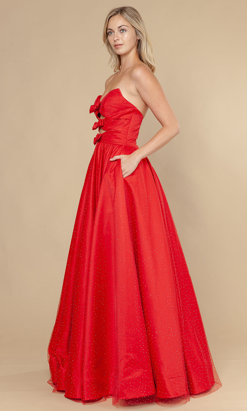 Red Sweetheart Floor-Length Mesh Prom Gown with Triple Bow Accents and Cutouts Poly USA 25036