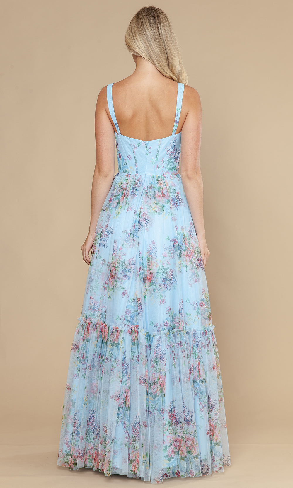 Blue Sweetheart Floor-Length Mesh Garden Prom Gown with Floral Print and Tiered Skirt Poly USA 25038