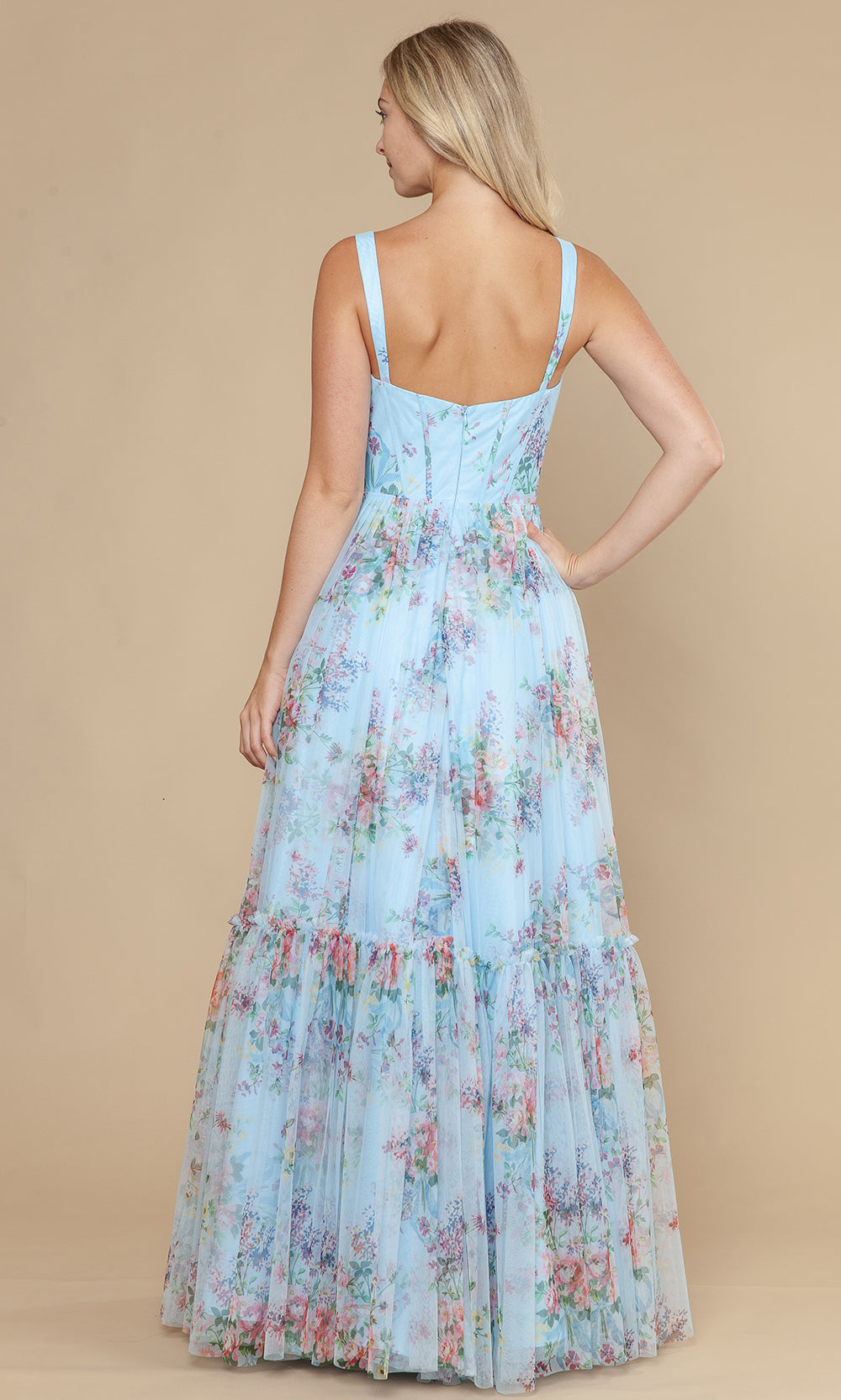 Blue Sweetheart Floor-Length Mesh Garden Prom Gown with Floral Print and Tiered Skirt Poly USA 25038
