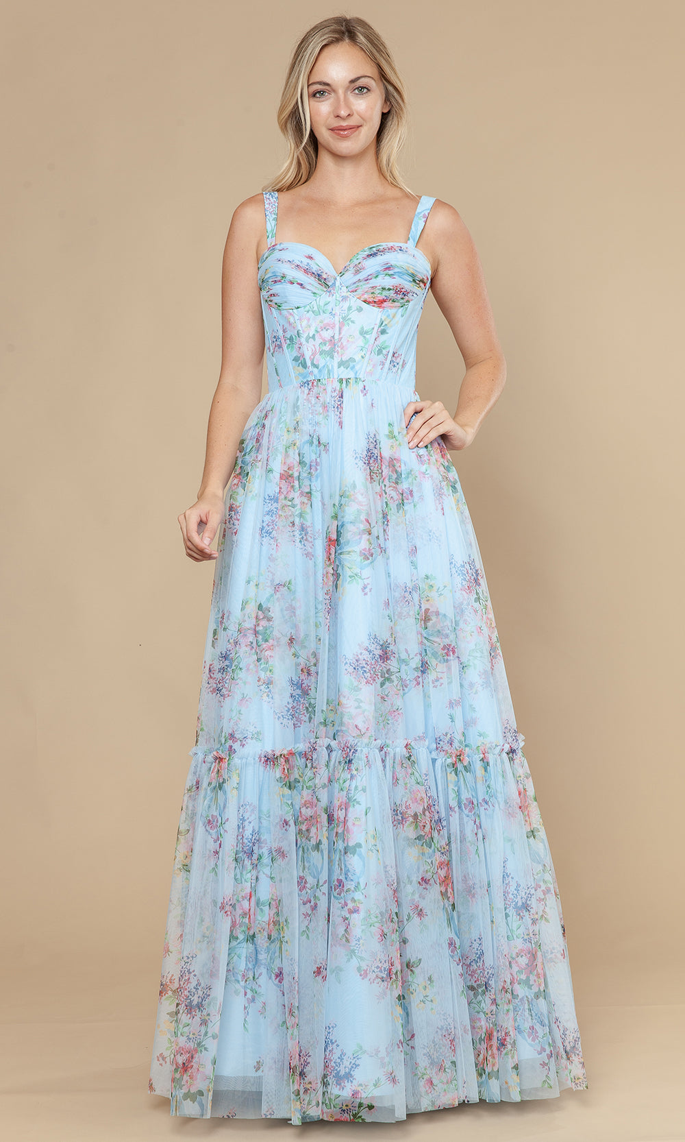 Blue Sweetheart Floor-Length Mesh Garden Prom Gown with Floral Print and Tiered Skirt Poly USA 25038