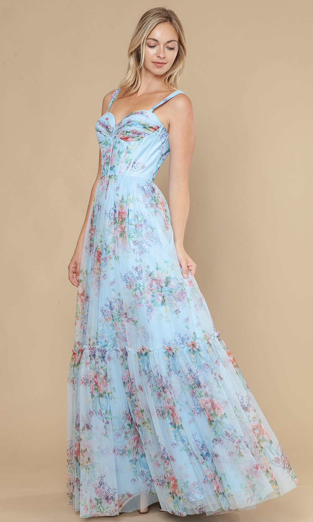Blue Sweetheart Floor-Length Mesh Garden Prom Gown with Floral Print and Tiered Skirt Poly USA 25038