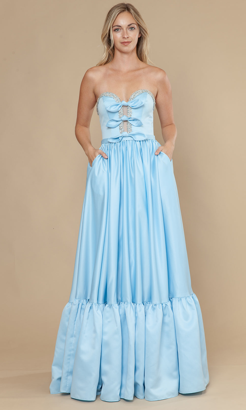 Blue Sweetheart Floor-Length Satin Prom Dress with Bows and Ruffle Hem Poly USA 25040