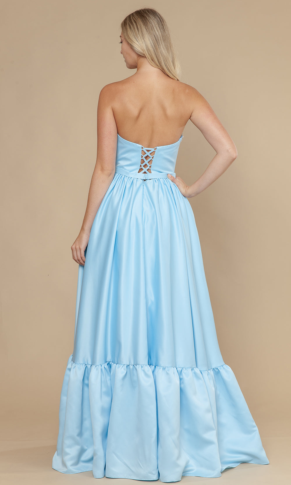 Blue Sweetheart Floor-Length Satin Prom Dress with Bows and Ruffle Hem Poly USA 25040
