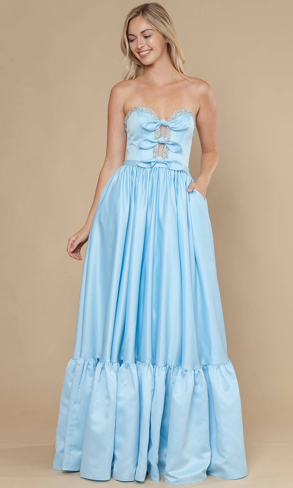 Blue Sweetheart Floor-Length Satin Prom Dress with Bows and Ruffle Hem Poly USA 25040