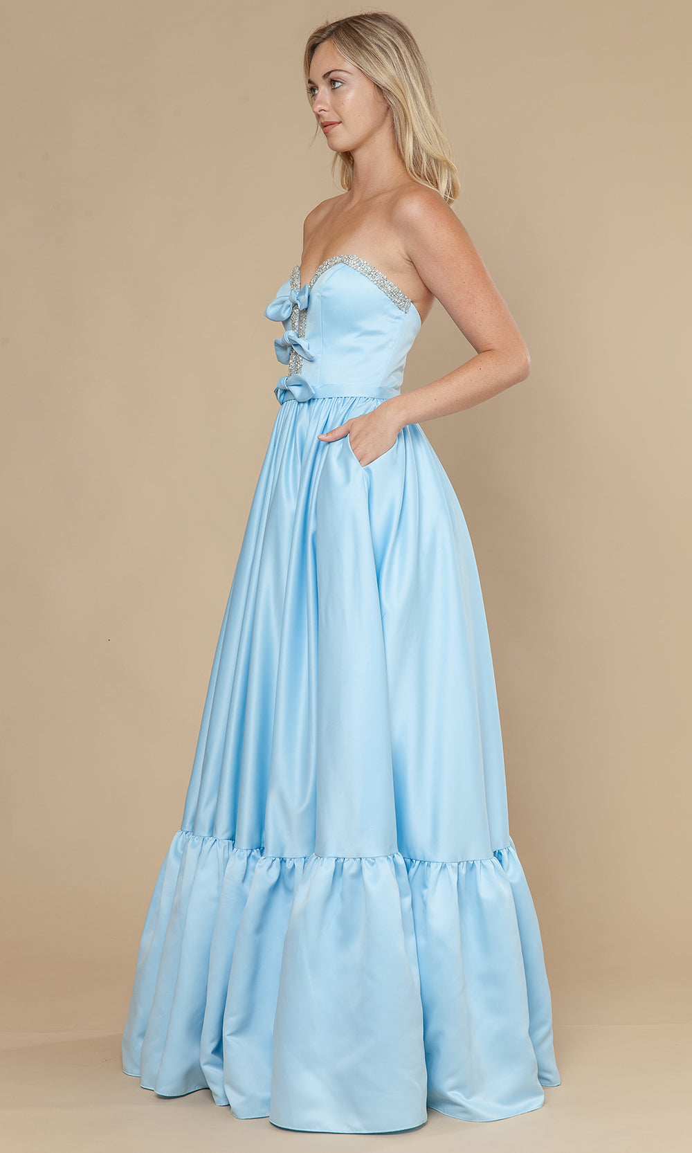 Blue Sweetheart Floor-Length Satin Prom Dress with Bows and Ruffle Hem Poly USA 25040