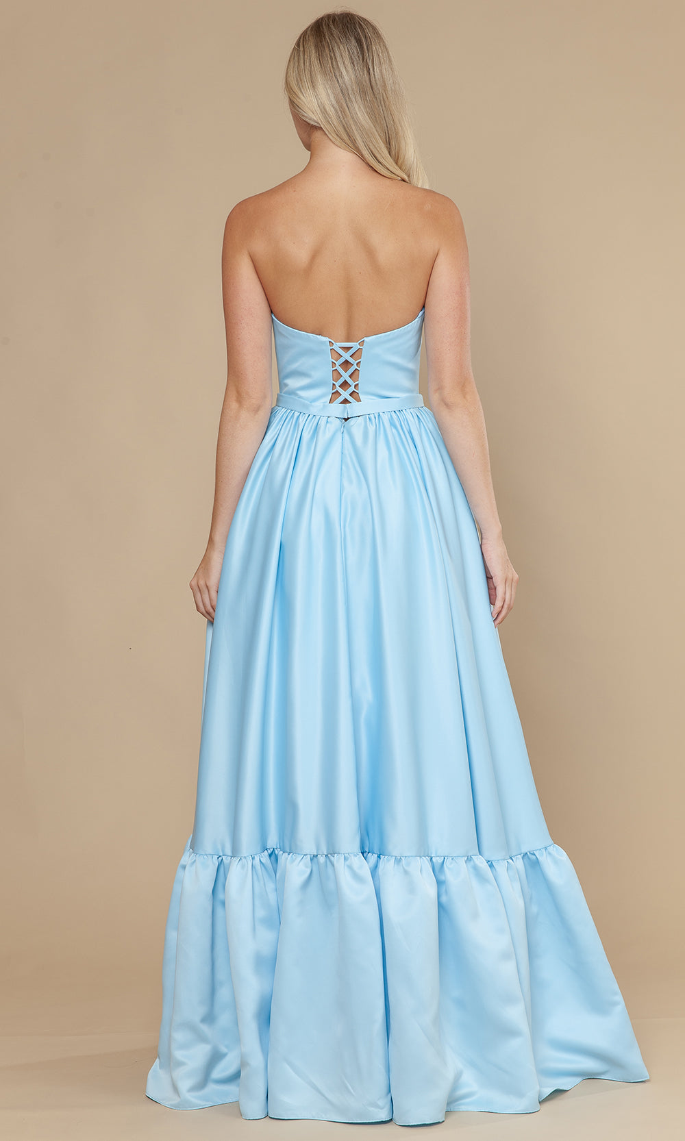 Blue Sweetheart Floor-Length Satin Prom Dress with Bows and Ruffle Hem Poly USA 25040