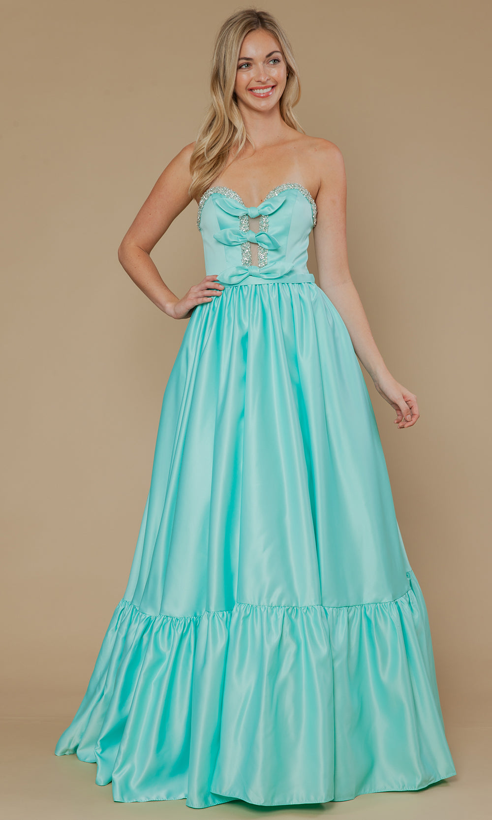 Mint Sweetheart Floor-Length Satin Prom Dress with Bows and Ruffle Hem Poly USA 25040