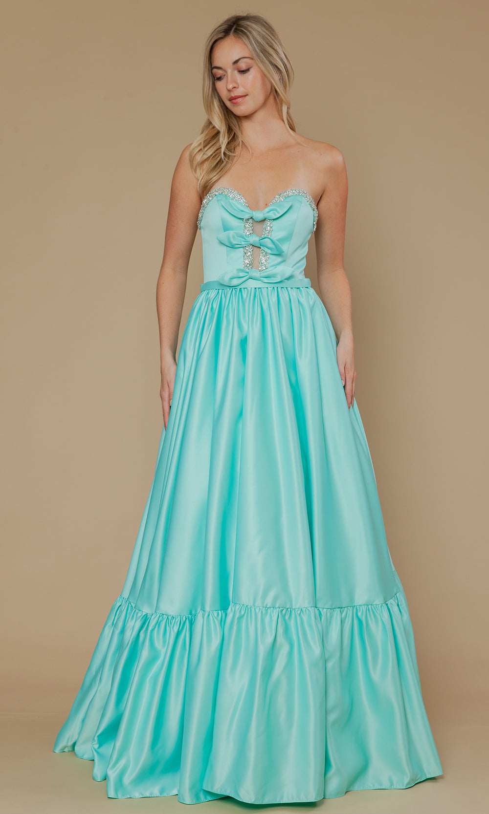 Mint Sweetheart Floor-Length Satin Prom Dress with Bows and Ruffle Hem Poly USA 25040