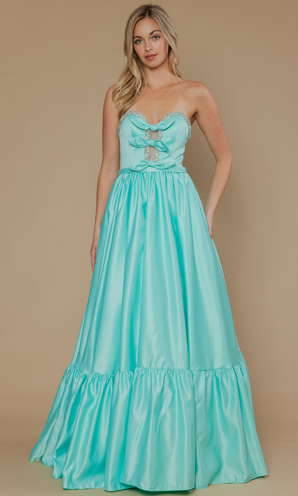 Mint Sweetheart Floor-Length Satin Prom Dress with Bows and Ruffle Hem Poly USA 25040