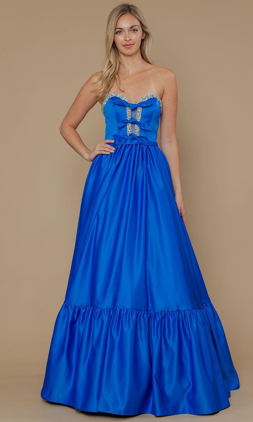 Royal Sweetheart Floor-Length Satin Prom Dress with Bows and Ruffle Hem Poly USA 25040