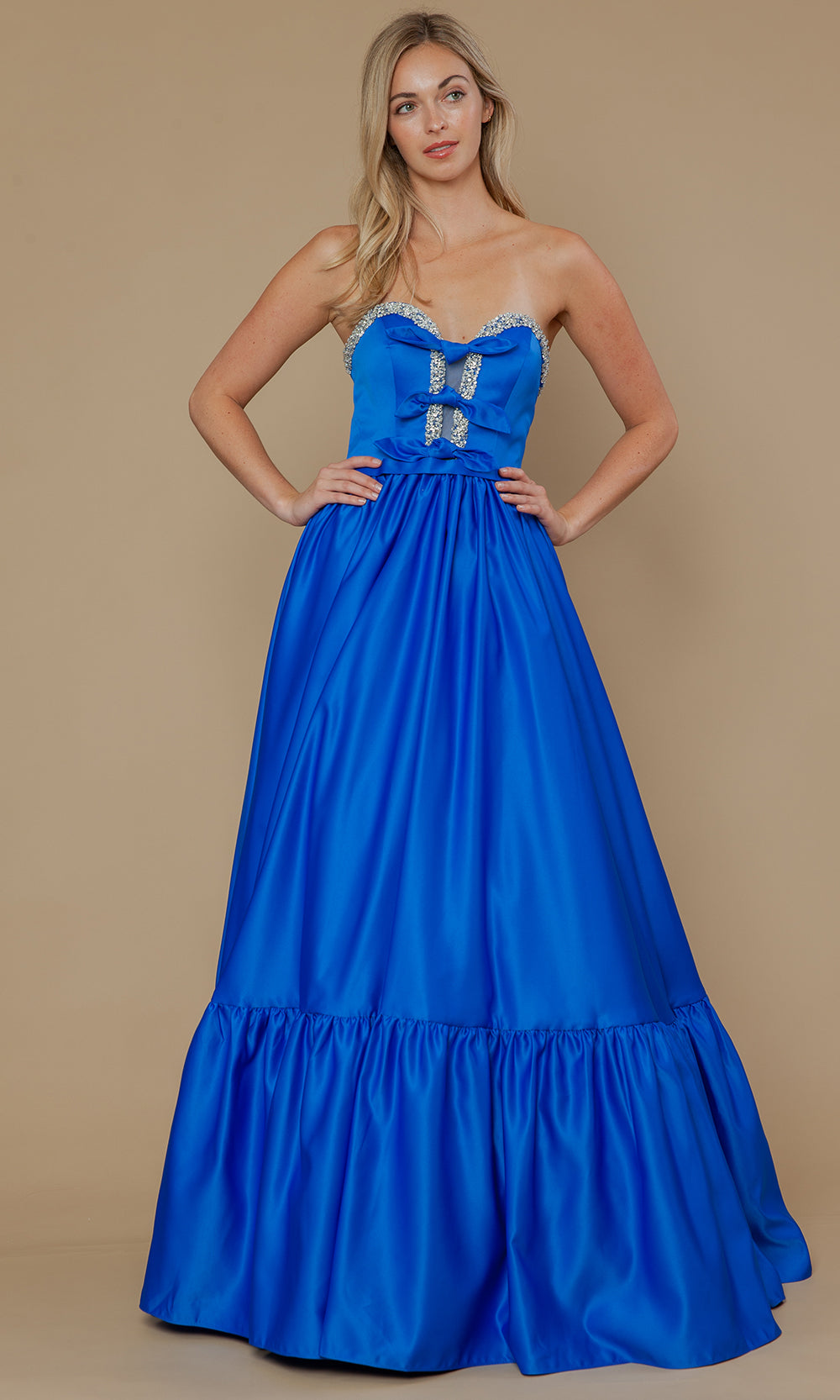Royal Sweetheart Floor-Length Satin Prom Dress with Bows and Ruffle Hem Poly USA 25040