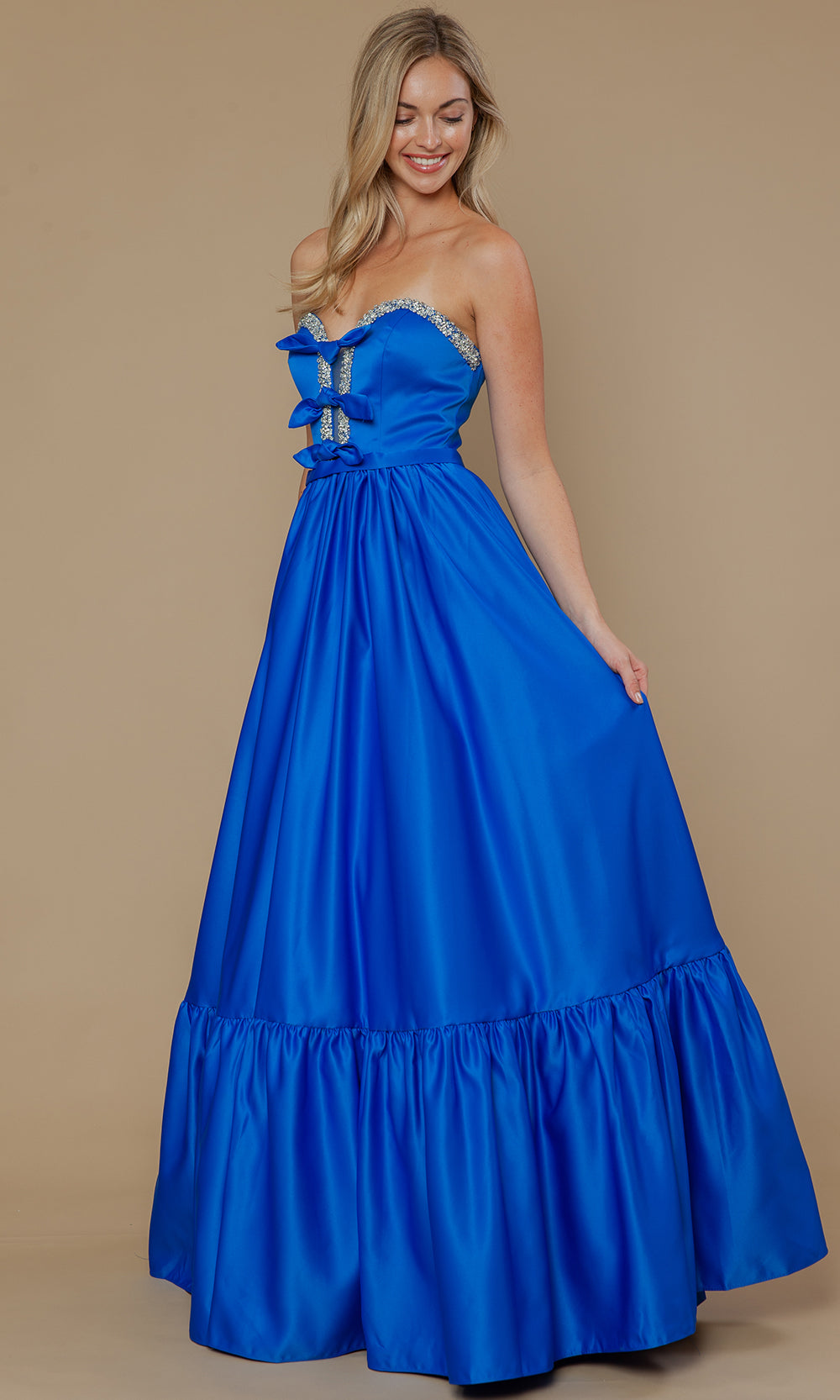 Royal Sweetheart Floor-Length Satin Prom Dress with Bows and Ruffle Hem Poly USA 25040