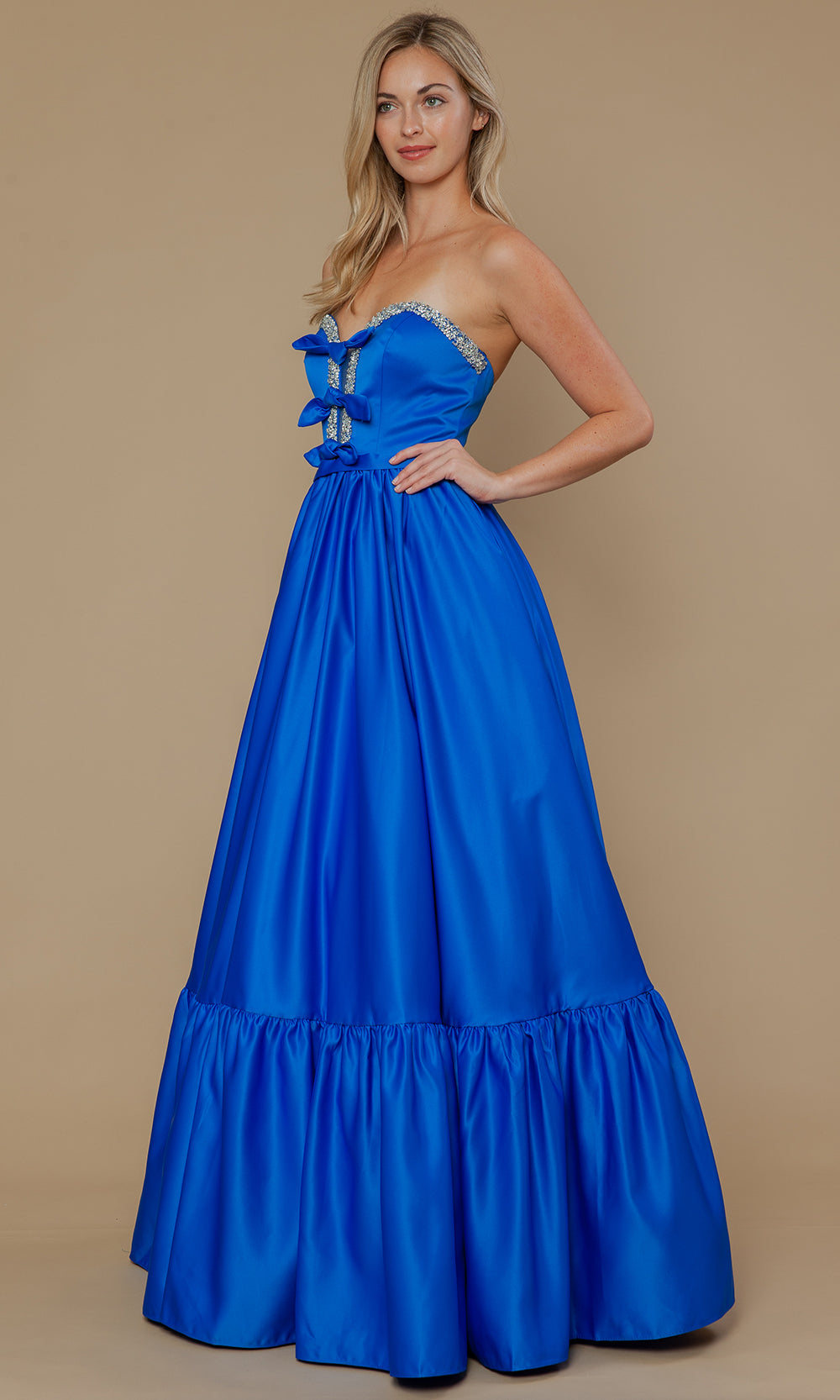 Royal Sweetheart Floor-Length Satin Prom Dress with Bows and Ruffle Hem Poly USA 25040