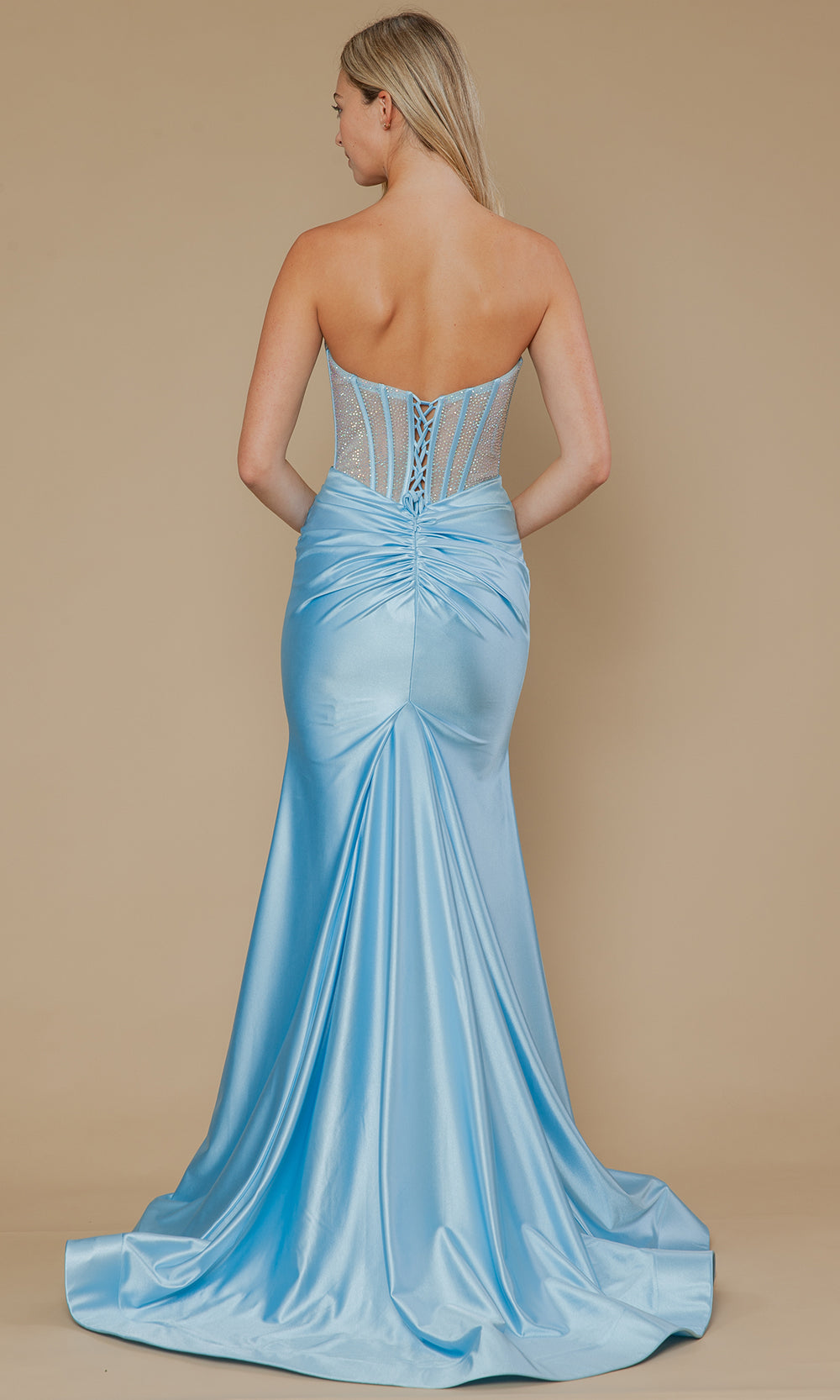 Blue Strapless Floor-Length Span Satin Prom Gown with Corset Bodice Poly USA 25042