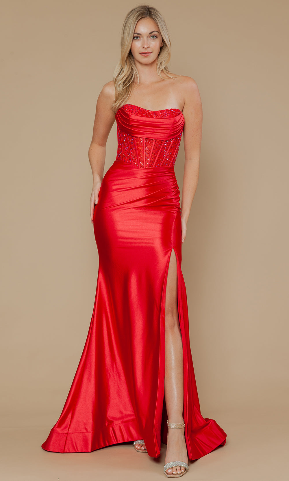 Red Strapless Floor-Length Span Satin Prom Gown with Corset Bodice Poly USA 25042