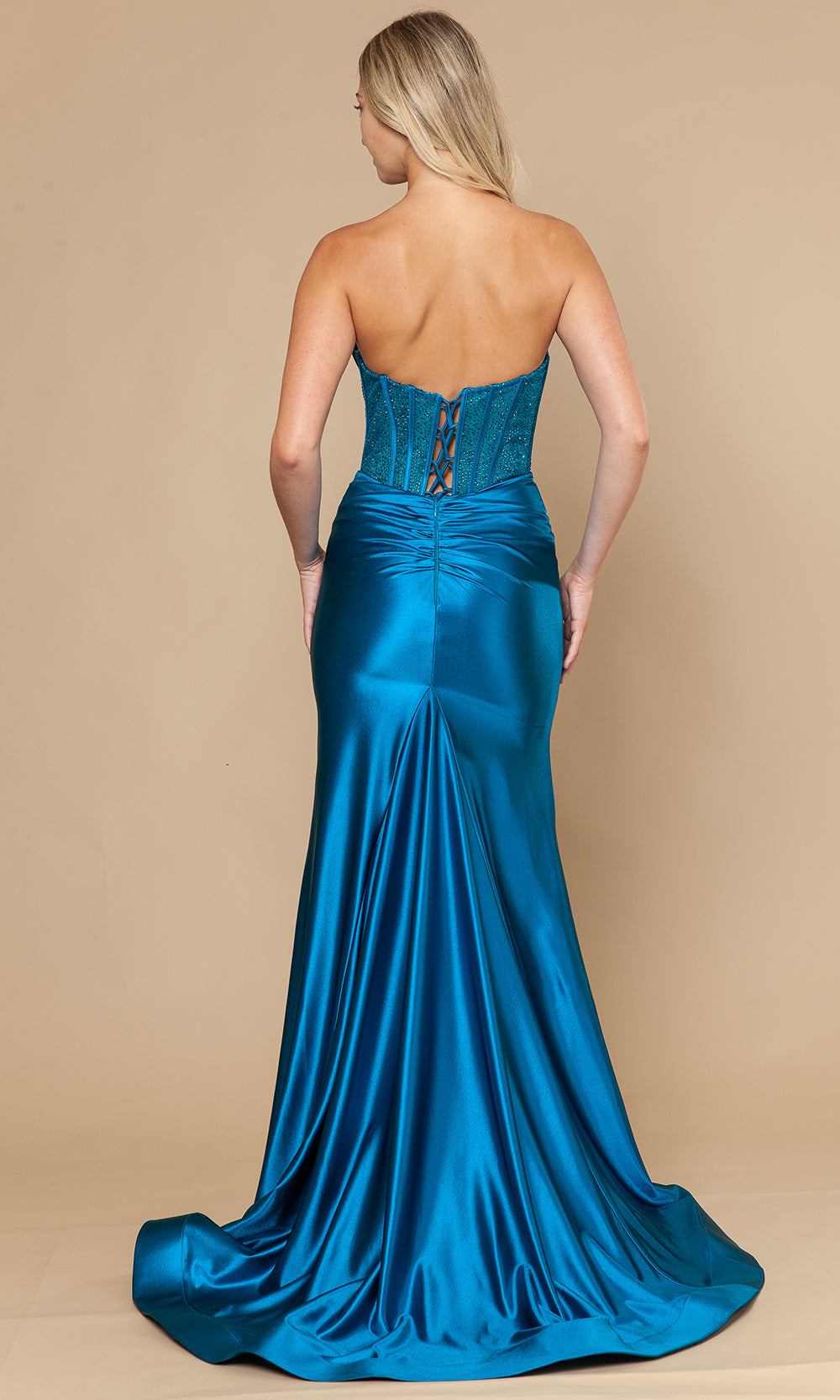 Teal Strapless Floor-Length Span Satin Prom Gown with Corset Bodice Poly USA 25042
