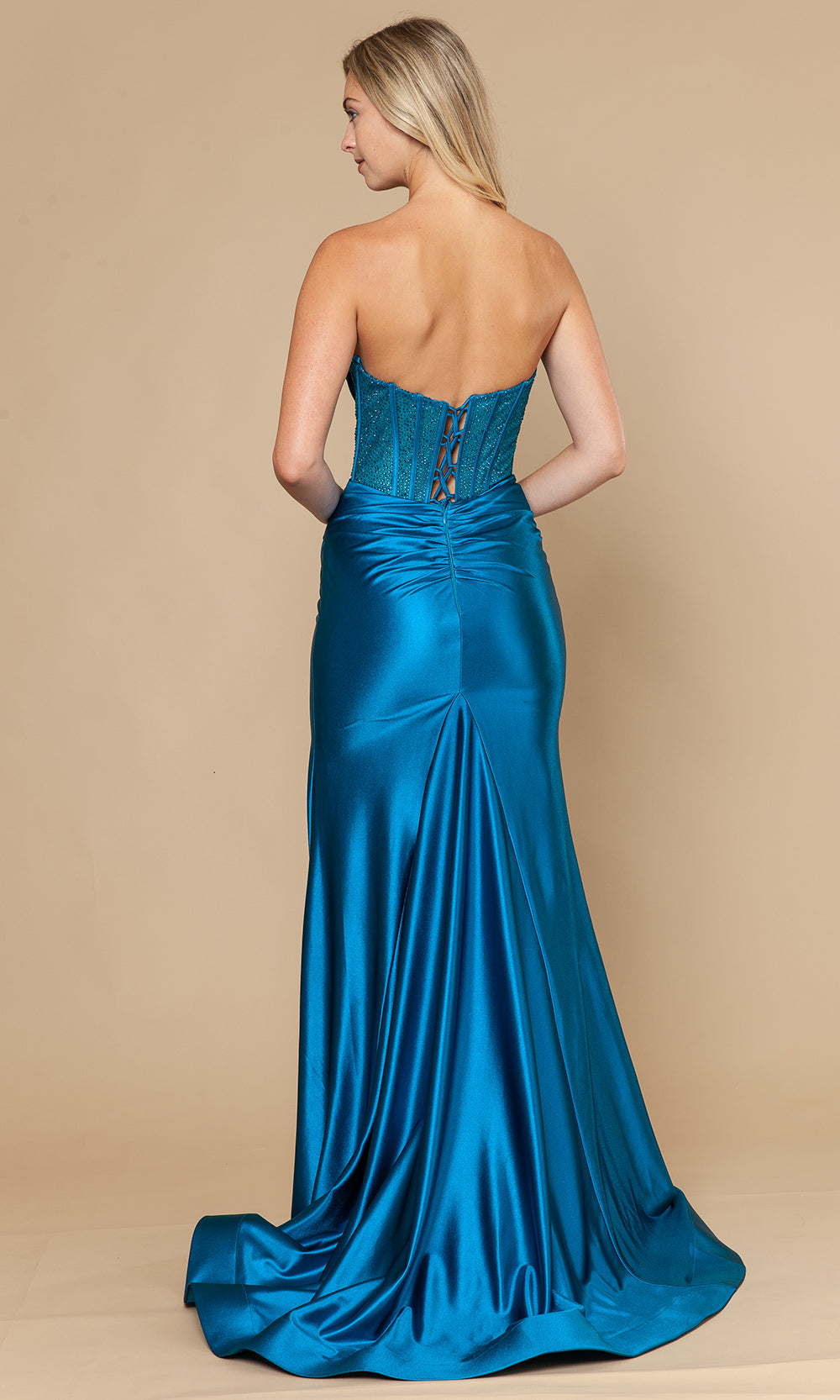 Teal Strapless Floor-Length Span Satin Prom Gown with Corset Bodice Poly USA 25042