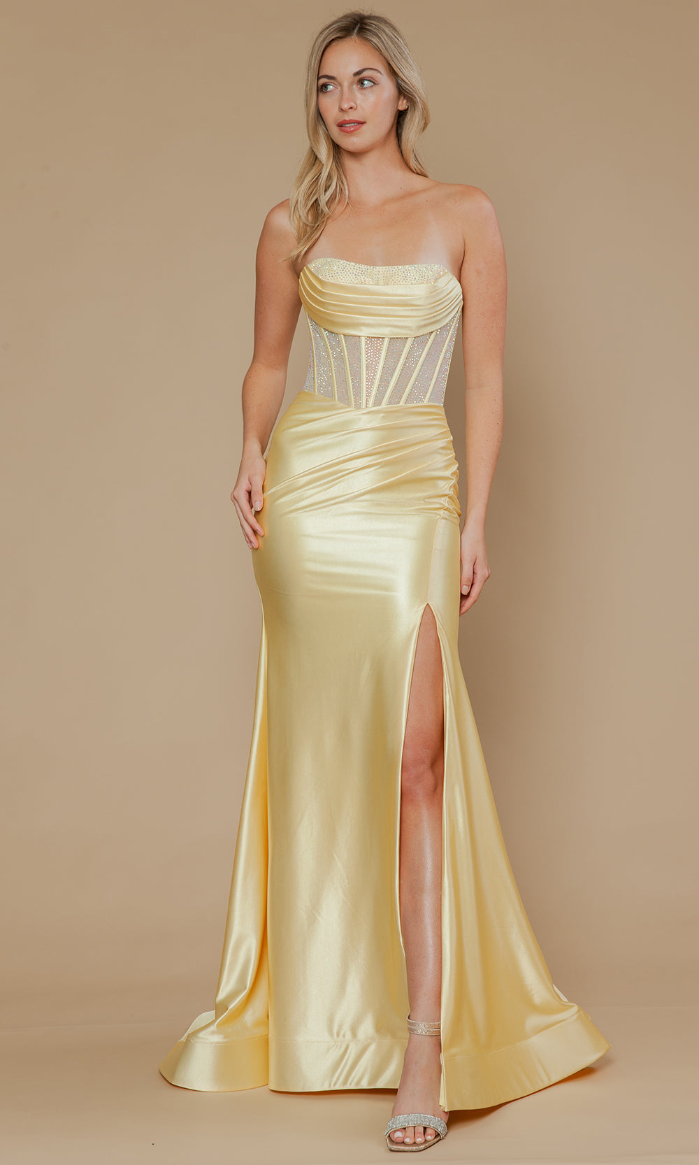Yellow Strapless Floor-Length Span Satin Prom Gown with Corset Bodice Poly USA 25042