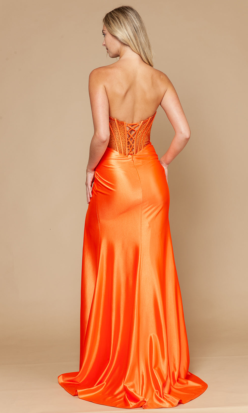 Orange Straight-Across Floor-Length Poly Span Satin Prom Gown with Rhinestone Corset Poly USA 25044