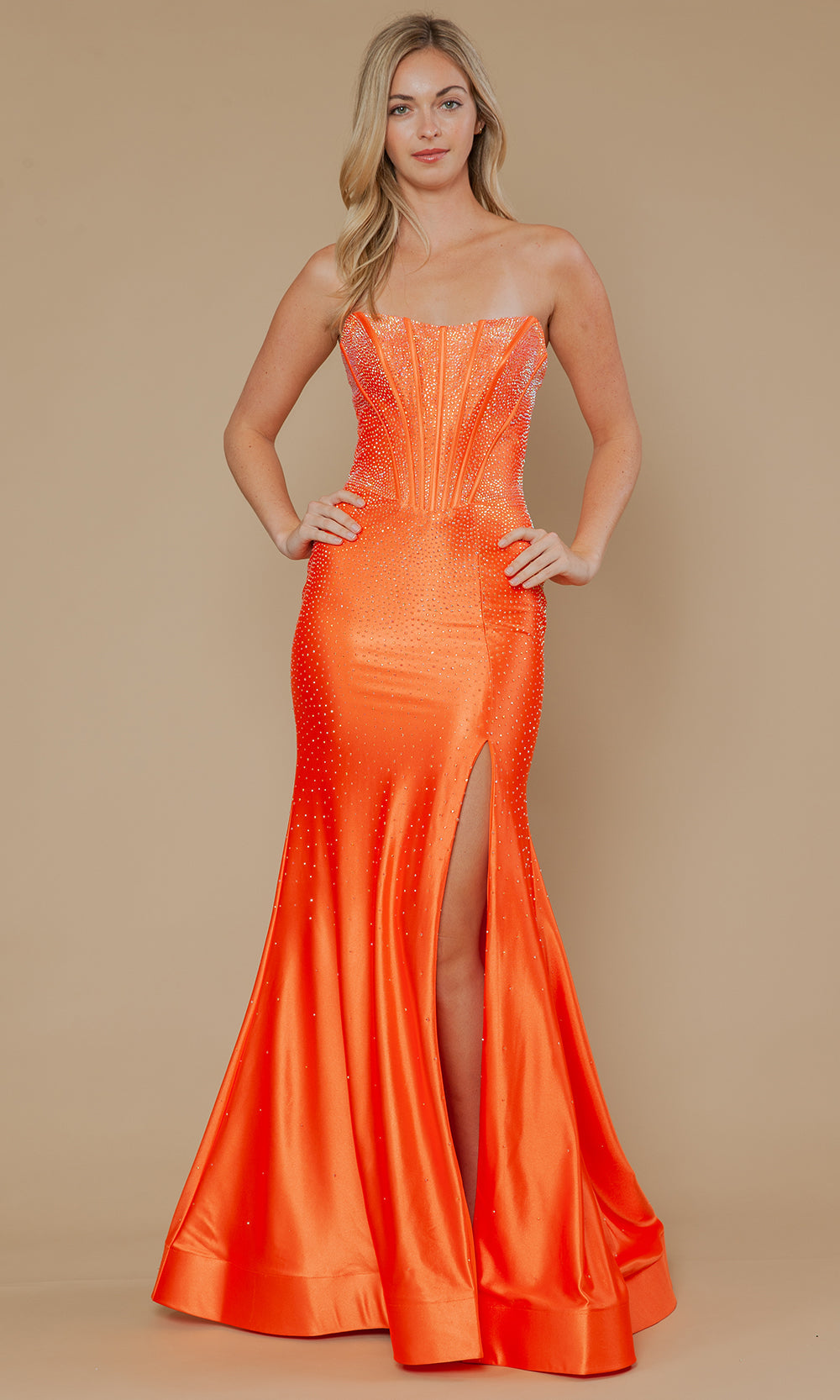 Orange Straight-Neck Floor-Length Rhinestone Formal Gown Corset Bodice Poly USA 25046