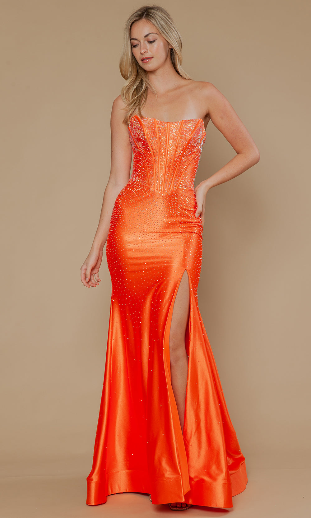 Orange Straight-Neck Floor-Length Rhinestone Formal Gown Corset Bodice Poly USA 25046