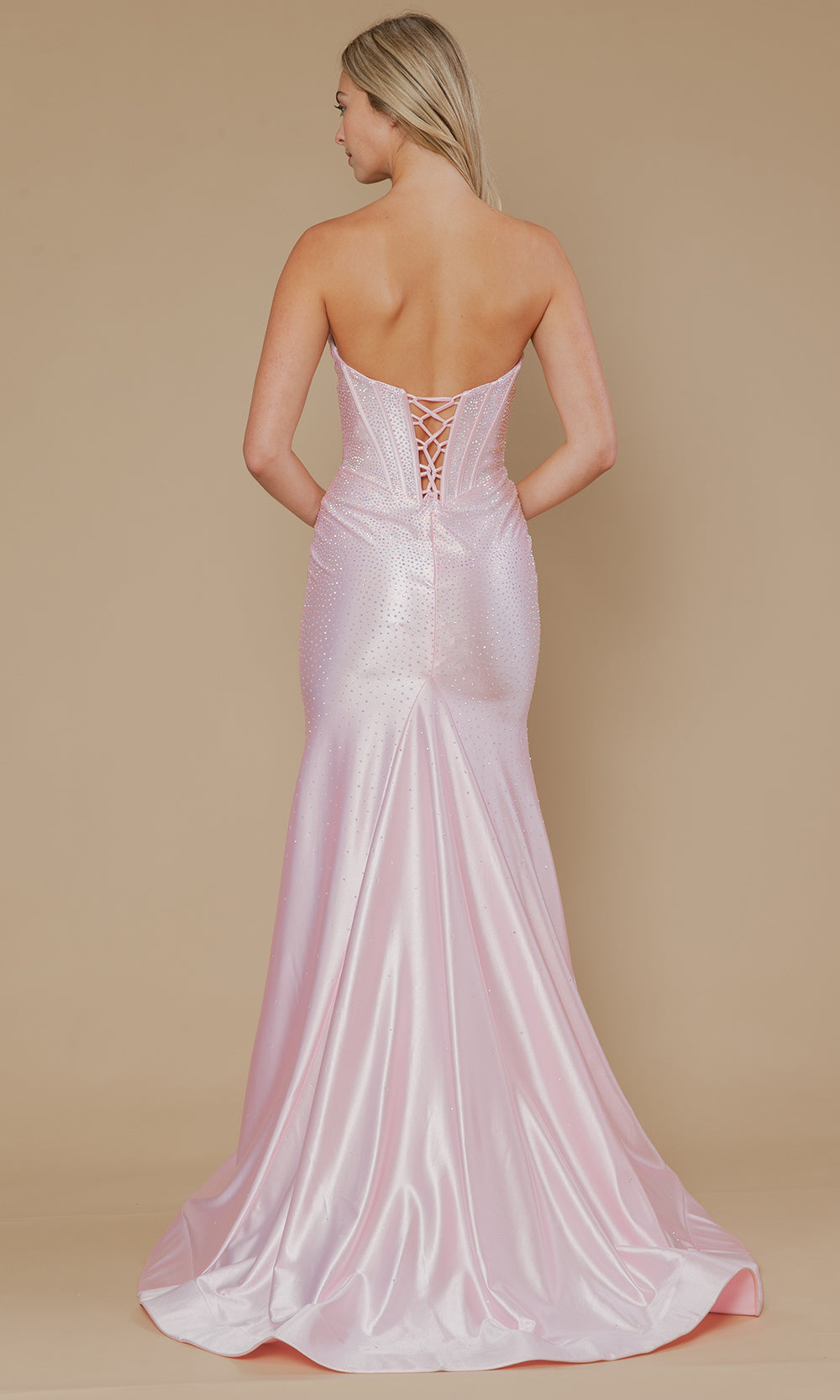 Pink Straight-Neck Floor-Length Rhinestone Formal Gown Corset Bodice Poly USA 25046