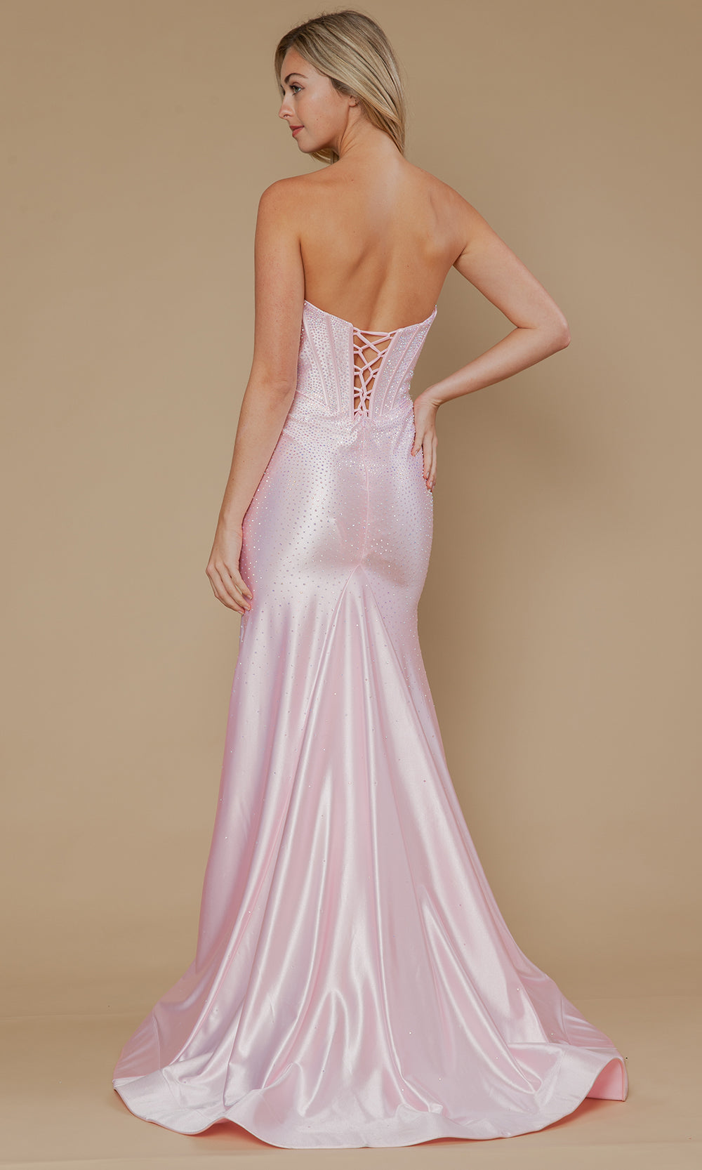 Pink Straight-Neck Floor-Length Rhinestone Formal Gown Corset Bodice Poly USA 25046