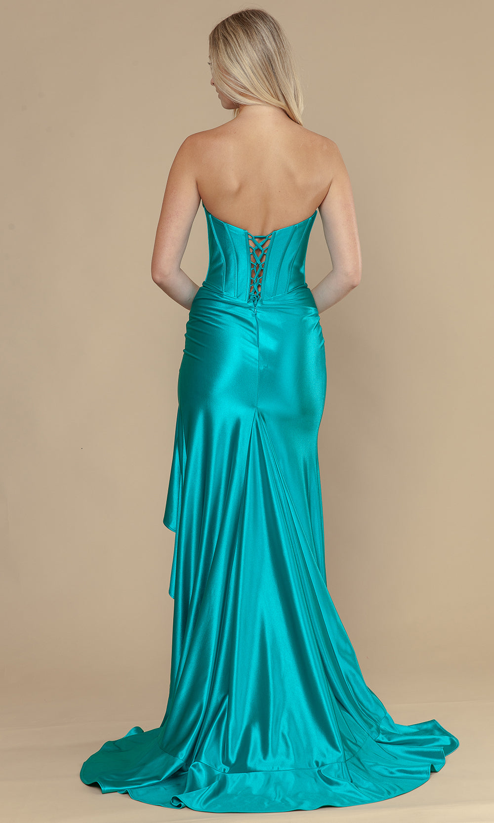 Jade Sweetheart High-Low Span Satin Prom Gown with Corset Seams and Cascading Poly USA 25048