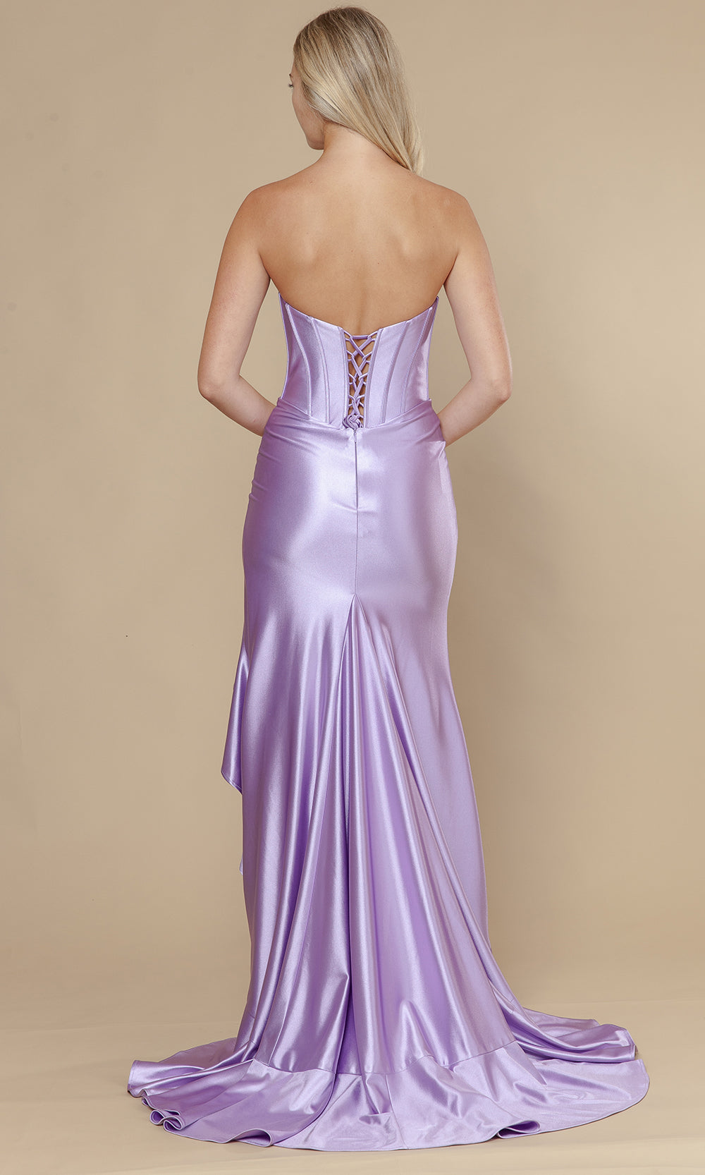 Lavender Sweetheart High-Low Span Satin Prom Gown with Corset Seams and Cascading Poly USA 25048