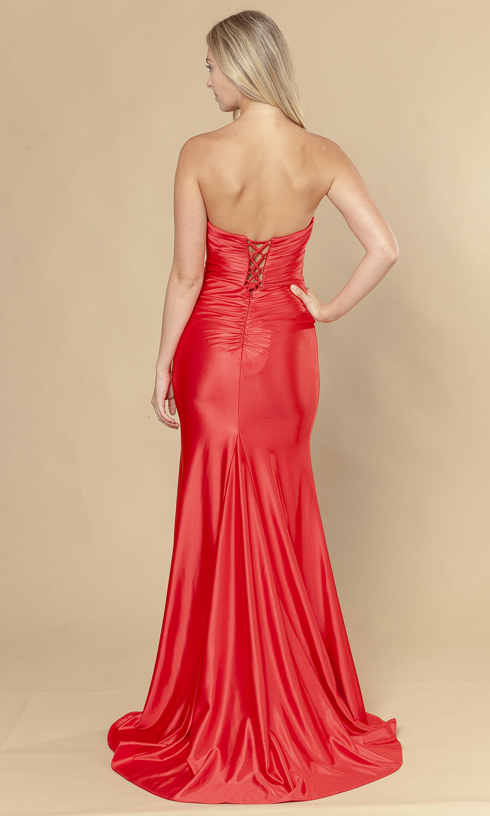 Red Sweetheart Floor-Length Poly Span Satin Evening Gown with Front Cutouts Poly USA 25050