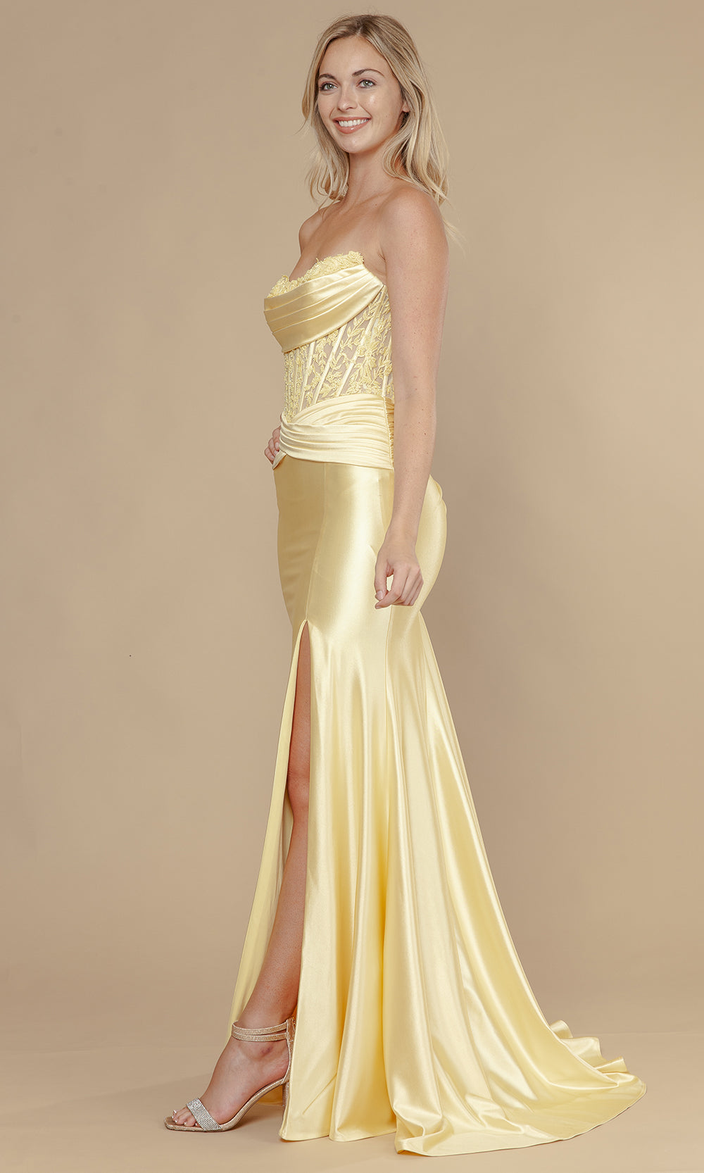Yellow Strapless Floor-Length Satin Prom Dress with Sheer Corset Bodice and Slit Poly USA 25056
