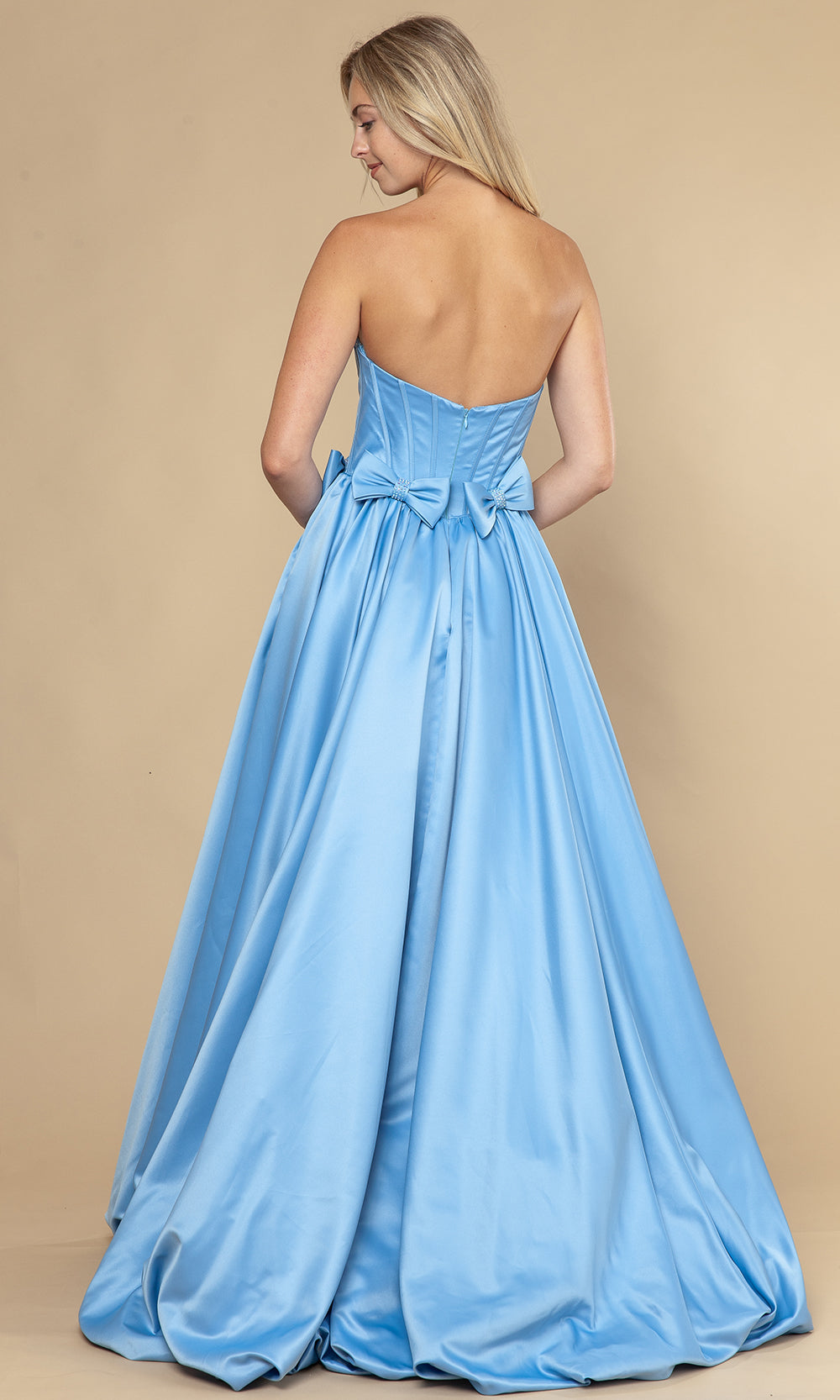 Blue Sweetheart Floor-Length Satin Prom Dress with Bow Accents and Corset Bodice Poly USA 25058