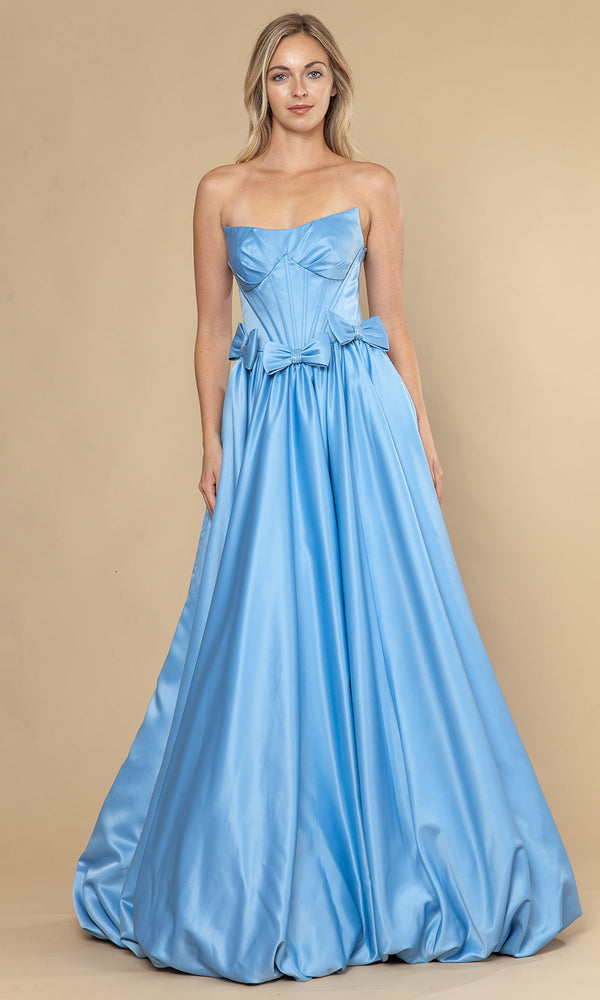 Sweetheart Floor-Length Satin Prom Dress with Bow Accents and Corset Bodice Poly USA 25058