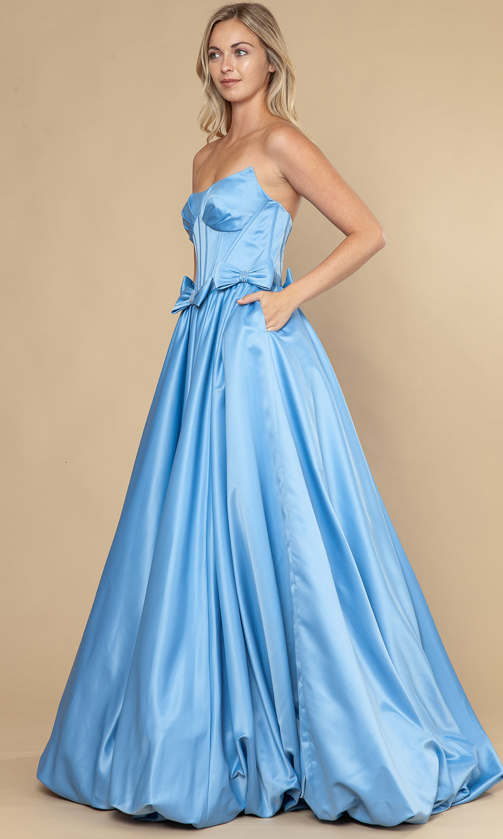 Blue Sweetheart Floor-Length Satin Prom Dress with Bow Accents and Corset Bodice Poly USA 25058